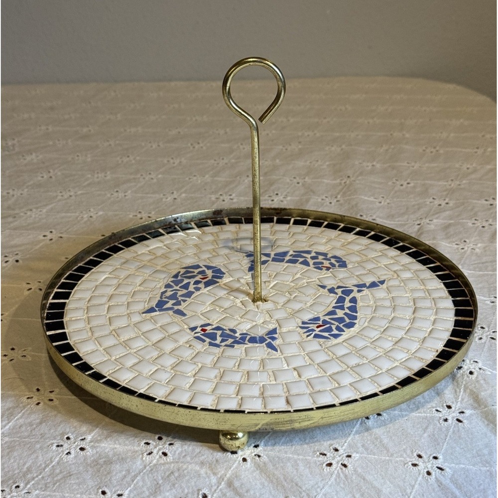 Vintage Mosaic Tile Pedestal Tray 10" Brass Tone Handle‎ Mid Century Decor